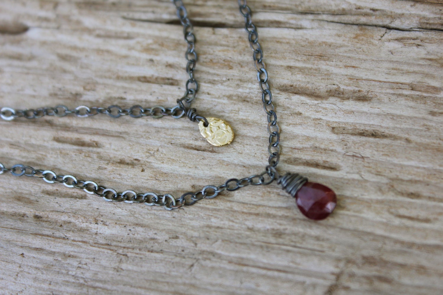 gold and ruby necklace . boho layered 14k gold necklace with charm . dainty oxidized black sterling silver and gold necklace . eco friendly