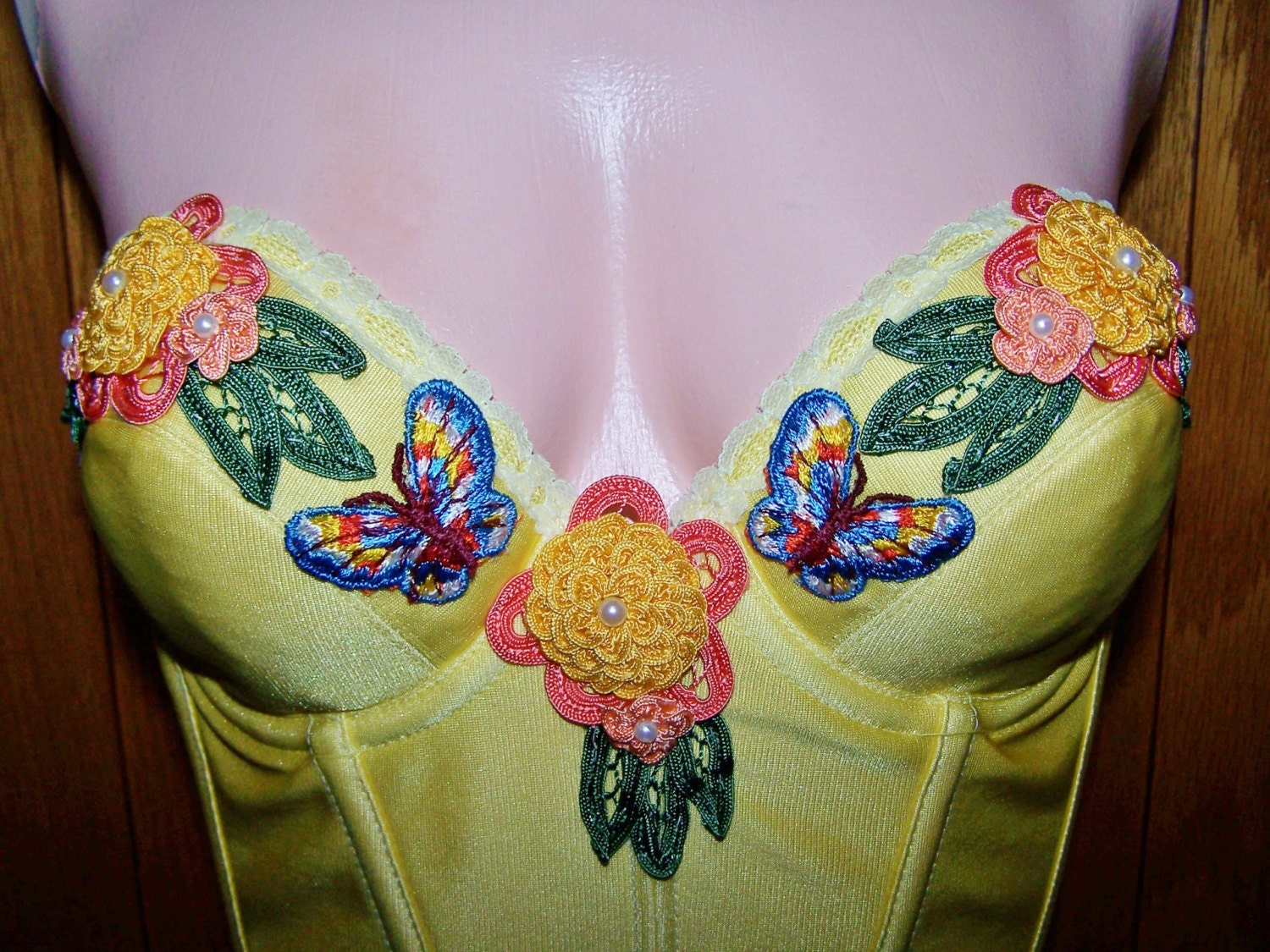 36 B Bustier Corset Butterfly & Flowers Yellow strapless Top