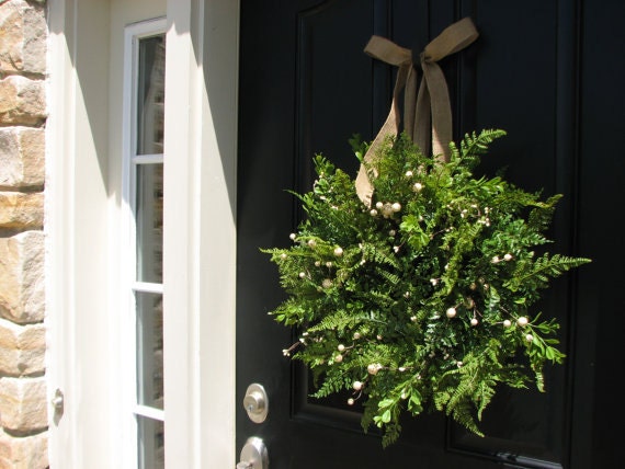 Fern Wreaths, Boxwood Wreaths, Spring Wreaths, Spring Decor, Summer Wreath, Burlap Bow, Door Wreaths
