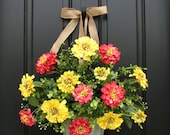 Summer Wreaths, Zinnia Wreath, Summer Zinnias, Zinnia Flowers, Floral Wall Pockets, Galvanized Buckets, Bucket of Zinnias, Eucalyptus Wreath