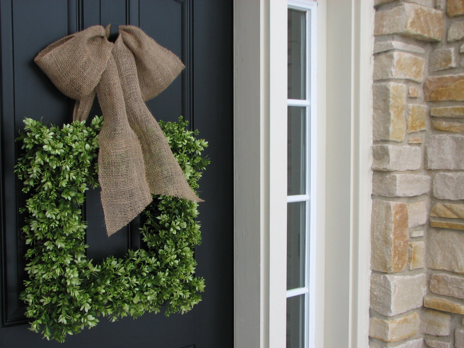 Wreaths - Boxwood Wreath - Square Wreath - Spring Decor - Burlap Ribbon - Year Round Wreath