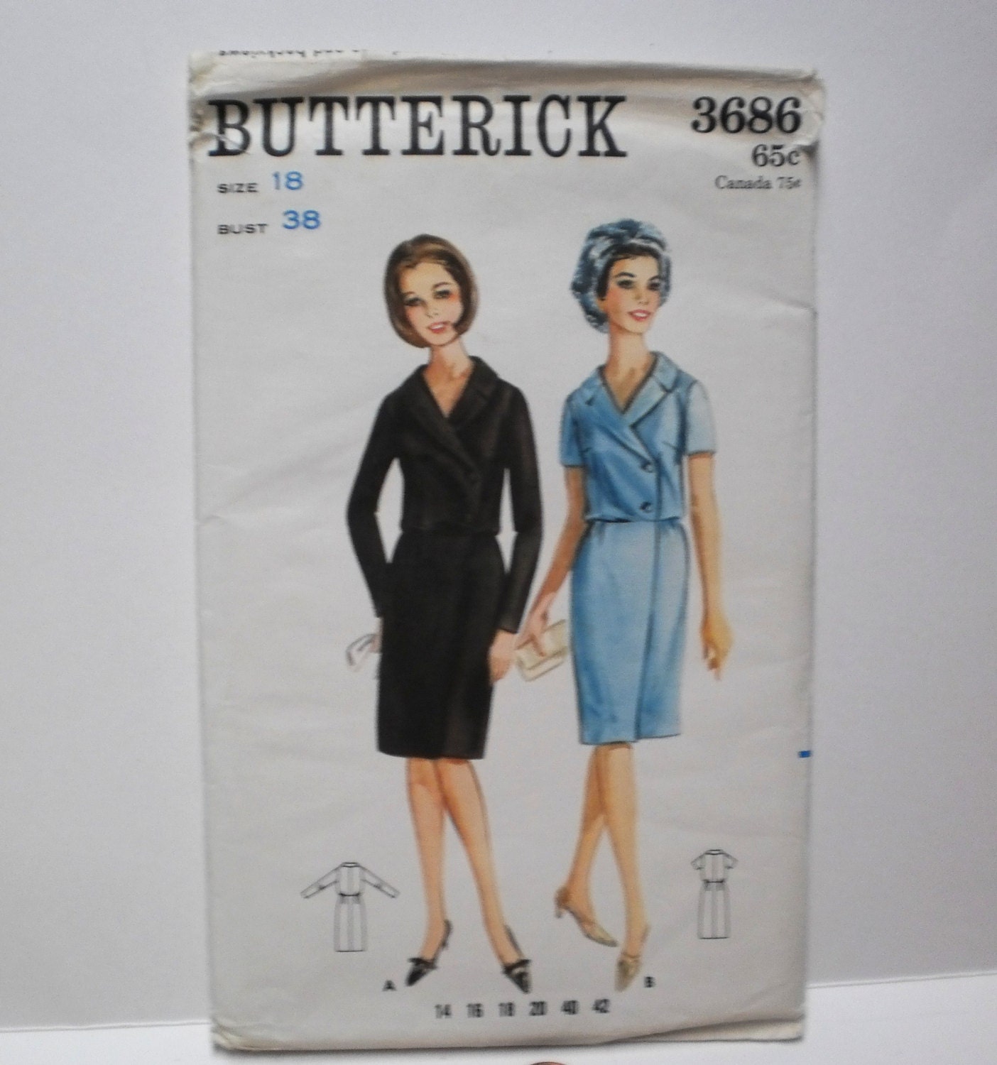 Uncut 60s Sewing Pattern Jackie O Suit Dress Midcentury Butterick 3686 Factory Fold FF Bust 38 Size 18 Sunday Church or Secretary