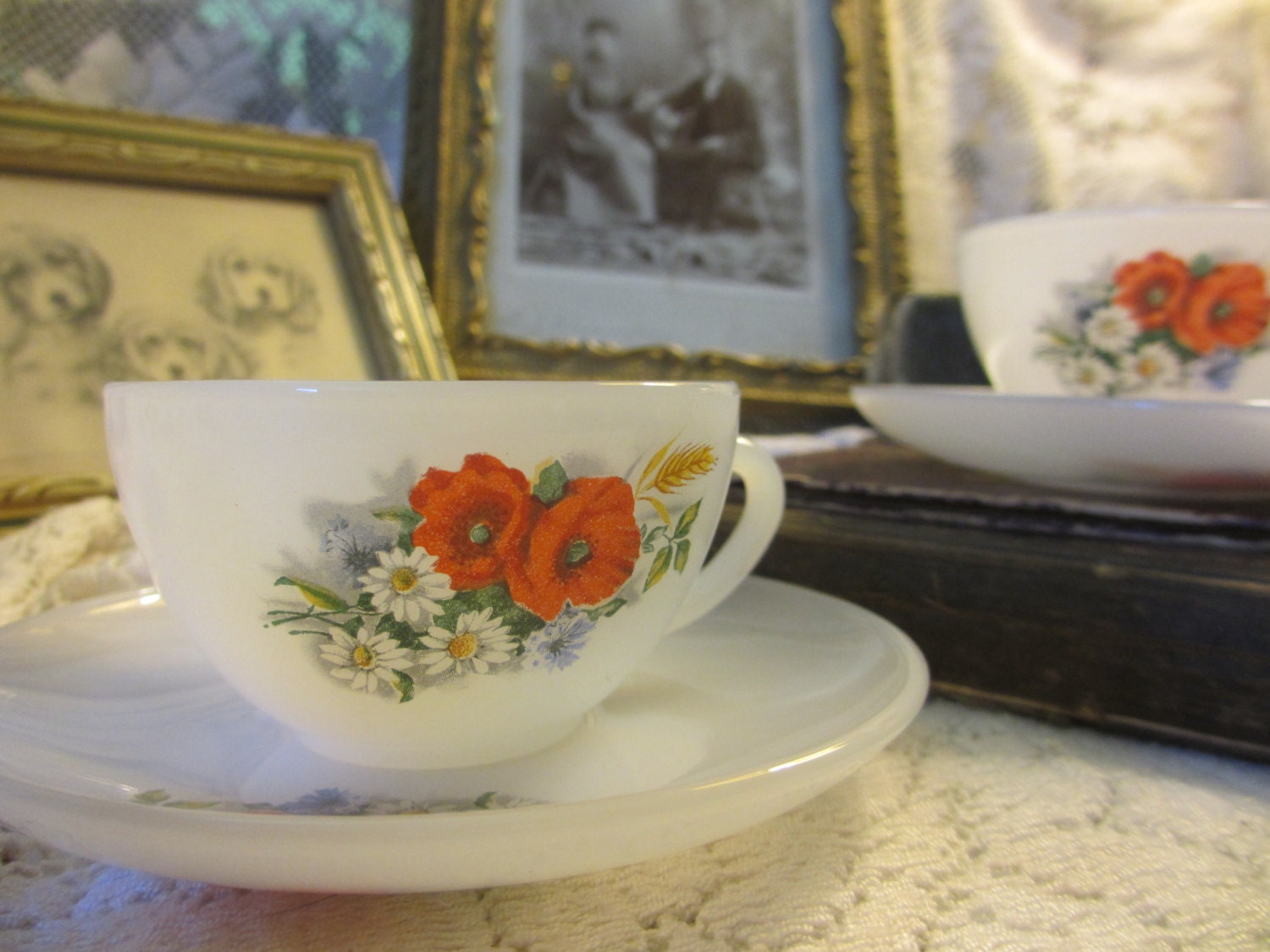 Vintage French Milk Glass Tea Cup and Saucer Set Pair