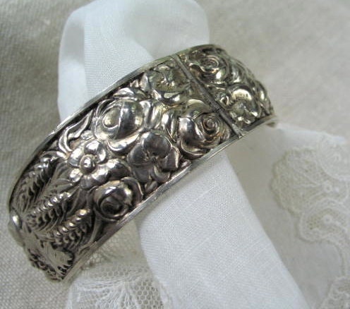 Silver Repousse  Bracelet Cuff from France Victorian Era