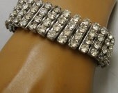 Vintage White Rhinestone Bracelet..Glam..Bling..Stretch metal, Lines and Lines of Glittery Sparkle Stones