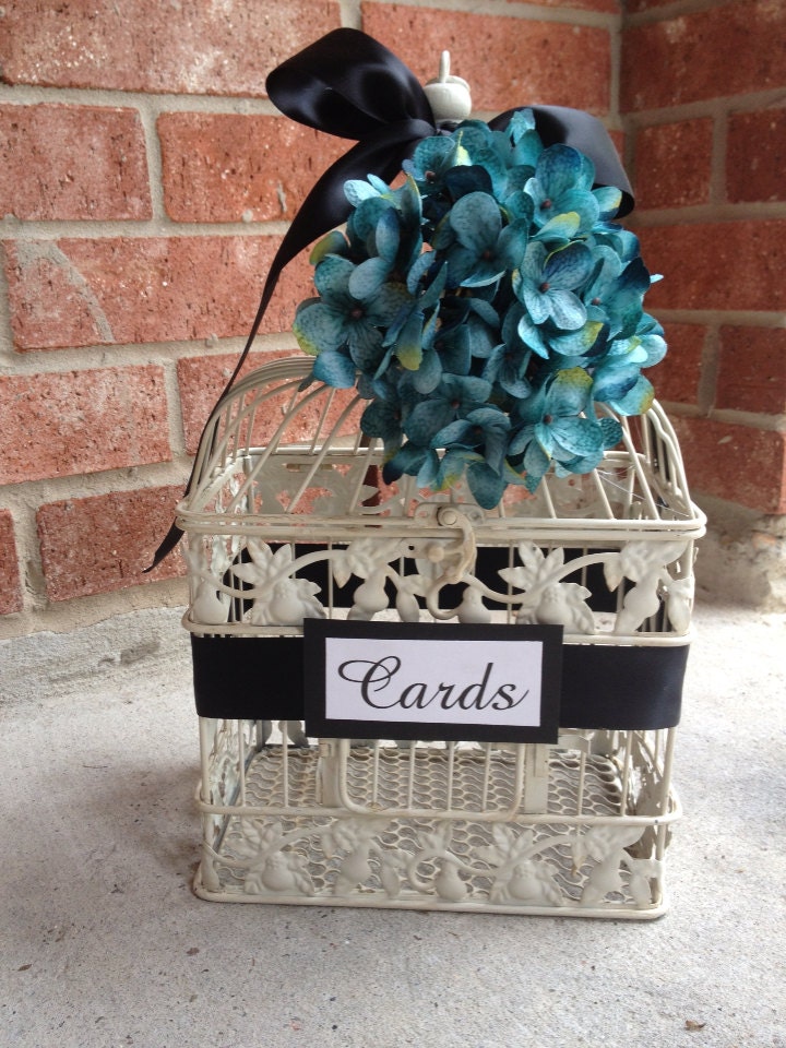 MEDIUM Ivory Shabby Chic Wedding Bird Cage Card Holder - Black & Turqouise