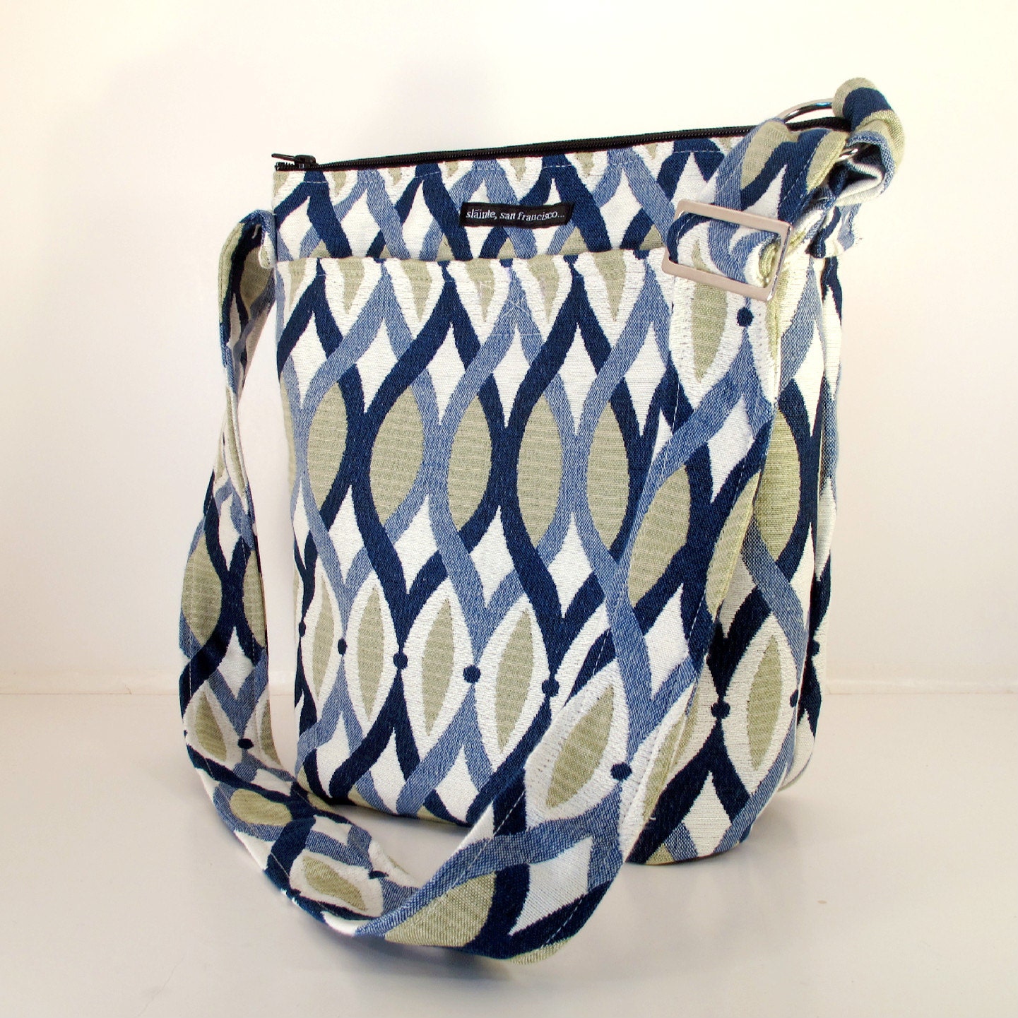 BUCKET BAG. Resort Fabric. Blue and green on white background. Crossbody. Hobo. Summer Travel Bag. Washable Bag. Bag made in America.