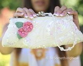 Up-cycled ivory Beaded Vintage Purse with pink vintage flowers, wedding clutch