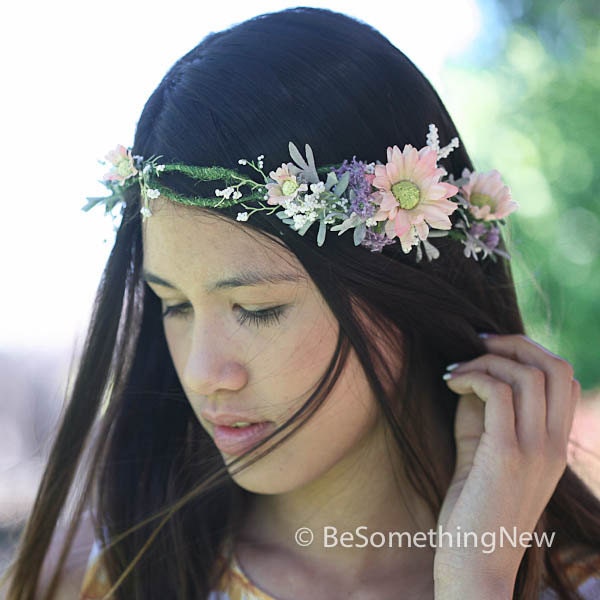 Wedding flower crown, floral wreath in pink and lilac, flower wedding head piece