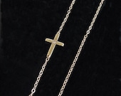 Mini Diamond Sideways Cross in 14kt Gold - Off Center