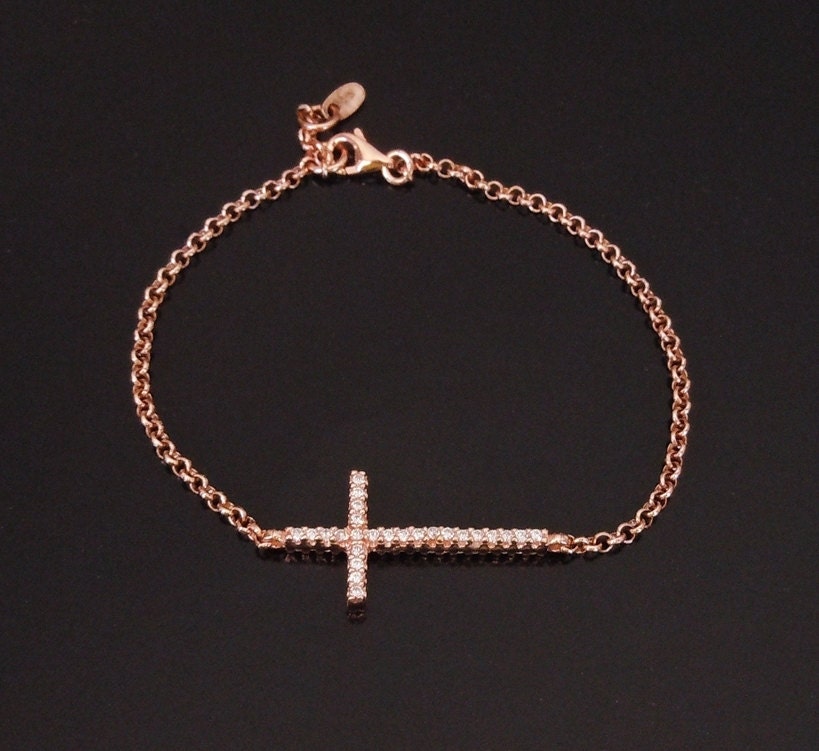 Double Sided - Sideways Cross bracelet with Clear cz's in Sterling, Rose Gold and Gold