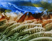 4X6 Encaustic (Wax) Original Painting. Abstract Landscape. Blue. Brown. Green