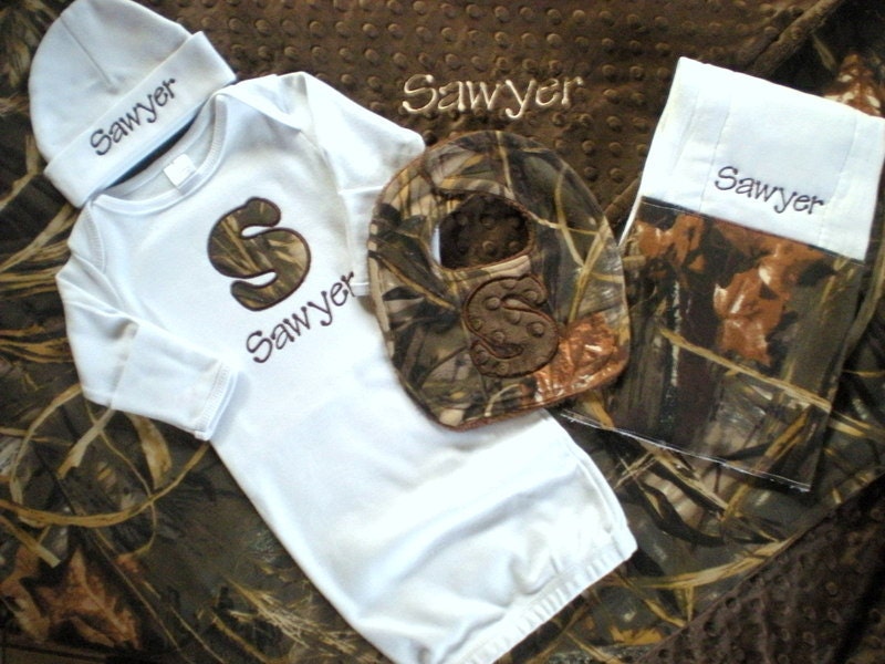 Baby Boy Gift Set - Personalized Layette Gown, Hat, Bib, Burp Cloth and Blanket - RealTree MAX-4 HD Camo