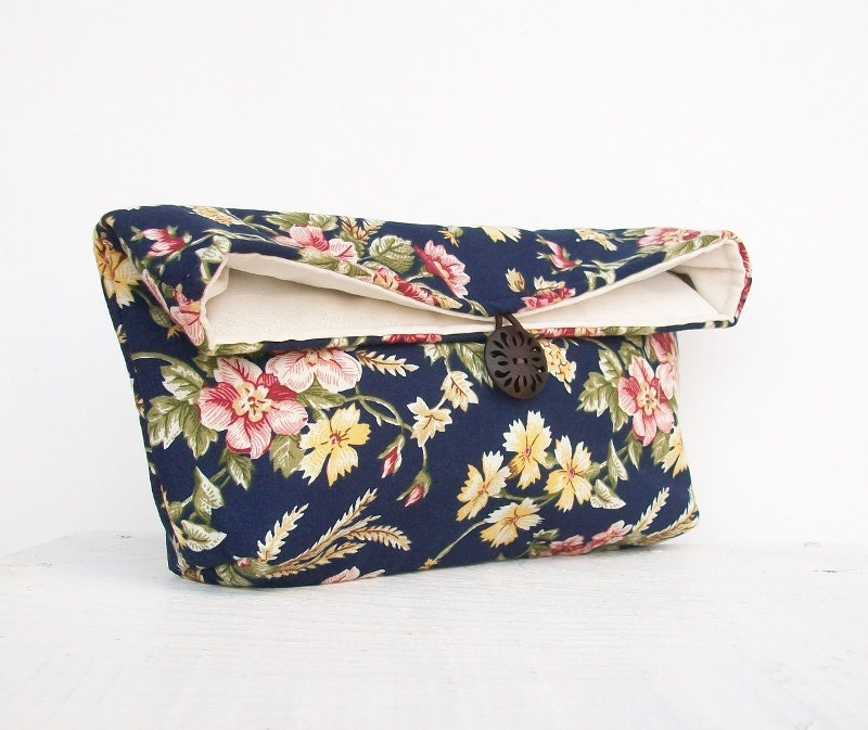 Midnight Blue Clutch Purse, Bridesmaid Gift, Floral Clutch, Makeup Bag, Travel Cosmetic Bag, Gift Under 25