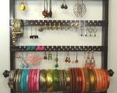 Jewelry Organizer, Bangle Bracelet Rod Holder, Holds 148 Earring Pairs, 11 Necklace Pegs, Oak Wood, Hanging, Cocoa Brown