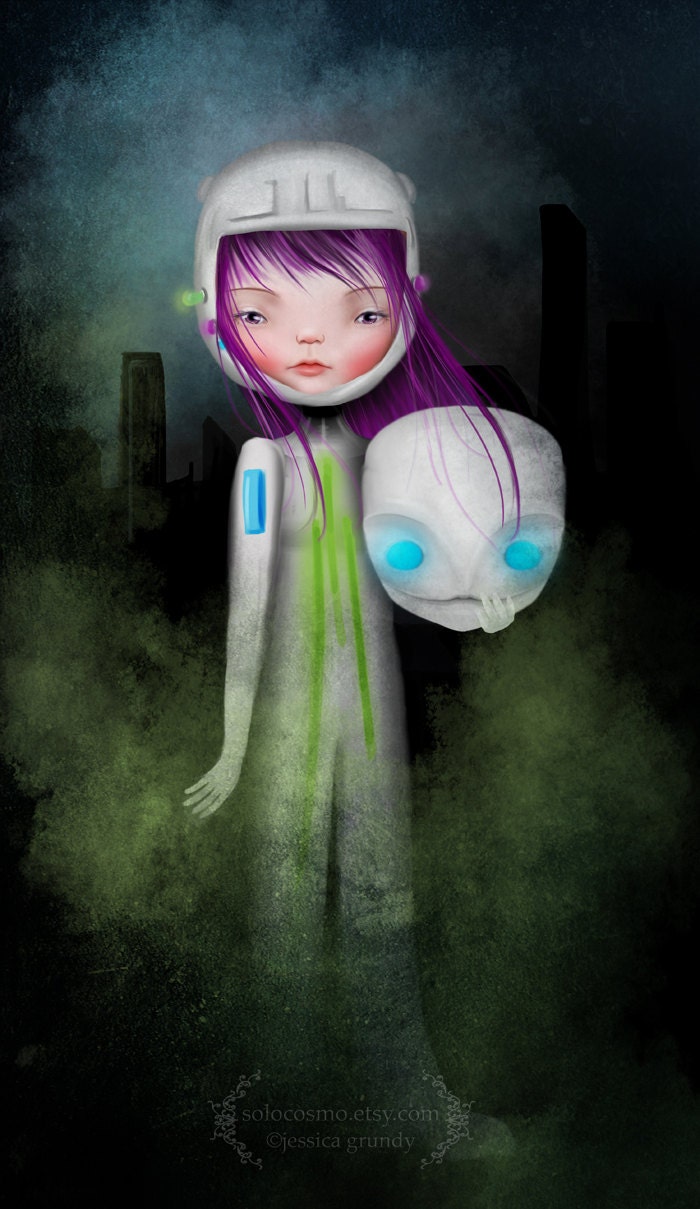Fine Art Print - "Aurora" - Little Robot Cyborg Girl - 8.5x11 or 8x10 Giclee Art Print by Jessica Grundy