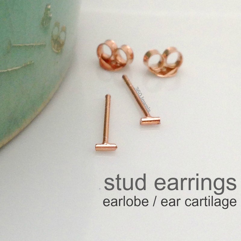 Tiny Bar Stud Earrings for Men - Rose Gold Plated over Silver - Cartilage Helix Tragus -  XXS 3mm (no. 464 R)