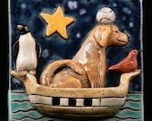 Ceramic Art Tile, Dog on Boat with Penguin