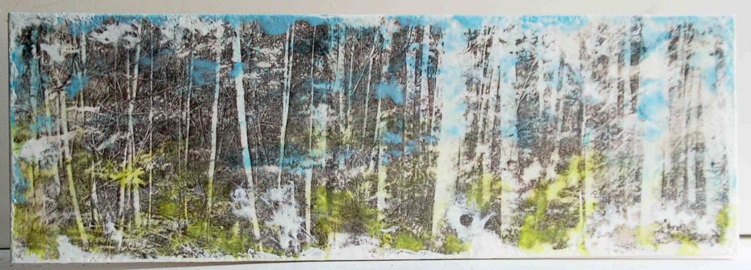 Spring Time FOREST Original Encaustic Painting Forest Trees Light Blue Clouds Green 24 x 12
