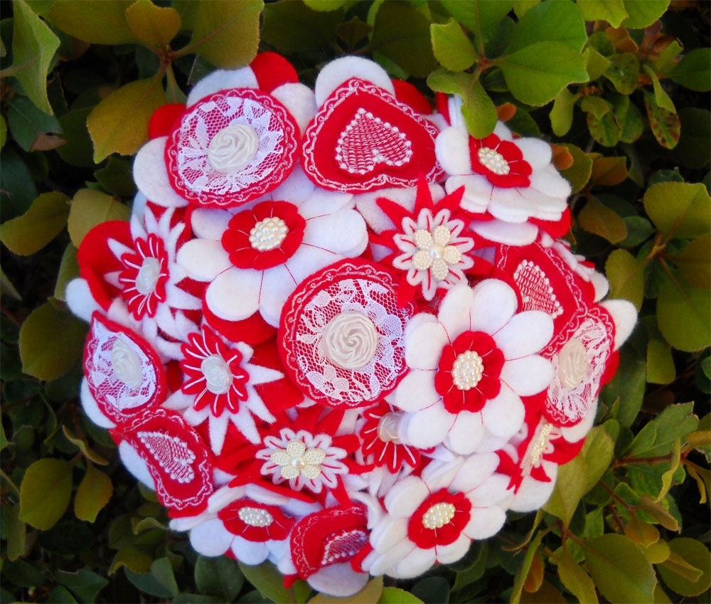 Mothers Day Red and White Heart Button Flower Bouquet Arrangement