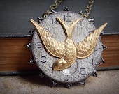 Steampunk Jewelry Swallow Bird Necklace Brass Vintage Watch Dial