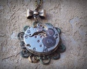 Steampunk Jewelry Brass Bow Necklace Vintage Watch Movement Clockworks
