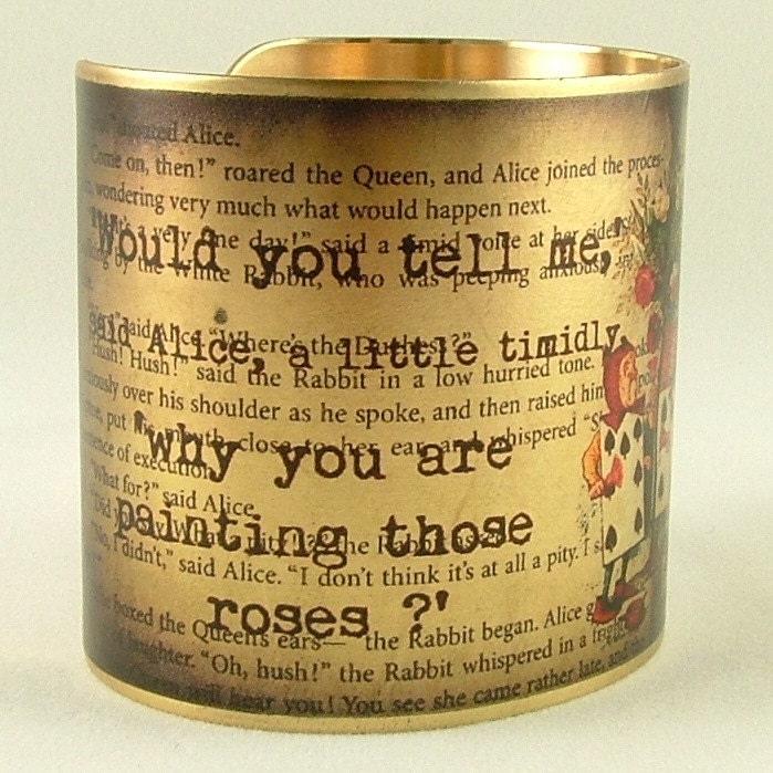 Literary Brass Cuff Bracelet with Alice In Wonderland The Queen's Croquet-Ground