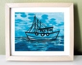 Sea Blue Boat Print of Original Painting 8.5x11in