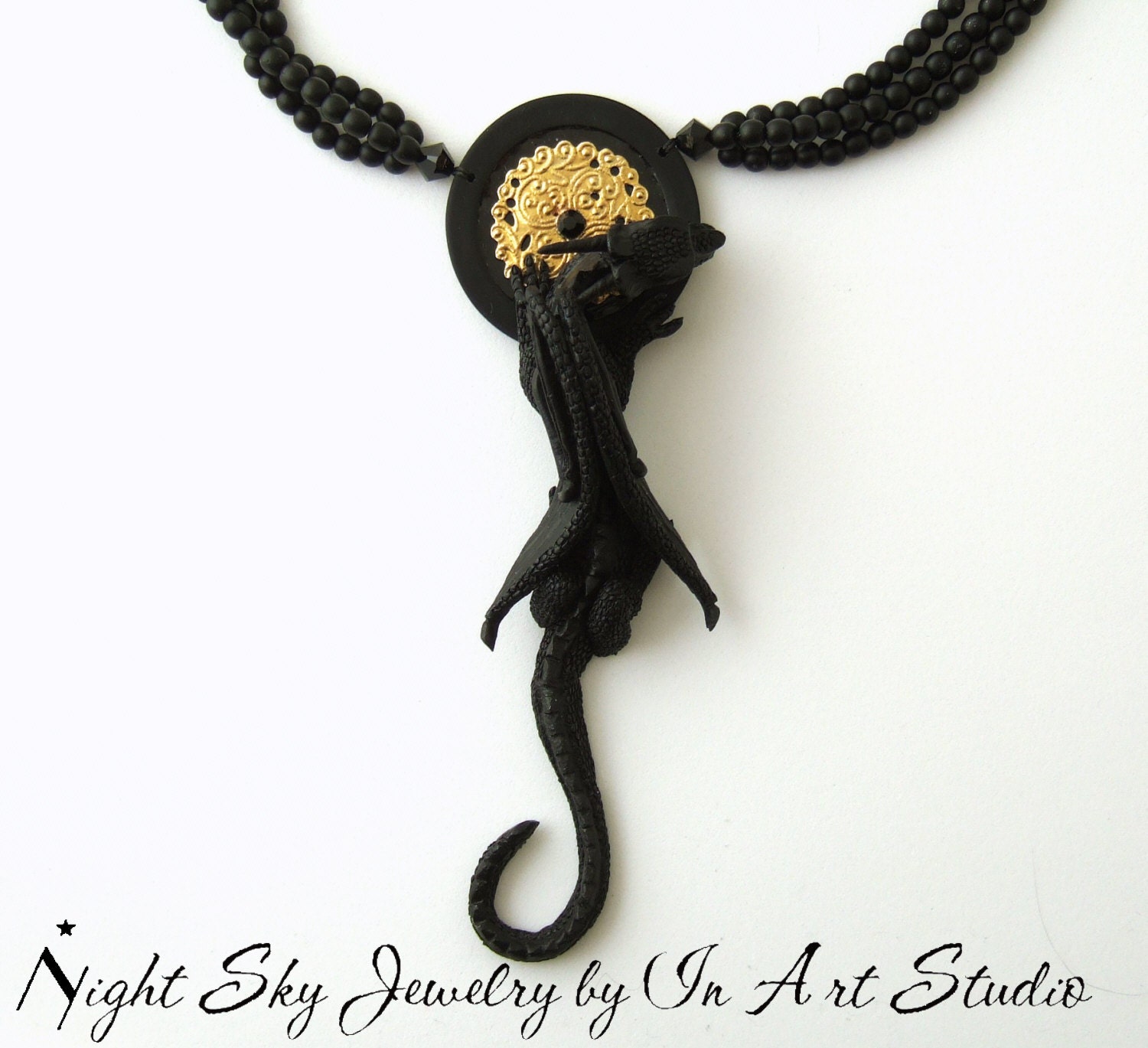 Black Dragon Necklace with Medieval Medallion - Fantasy Dragon Jewelry