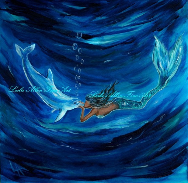 Mermaid Original Canvas Painting Mermaids Dolphin Kiss Dolphin Ocean Seascape Fantasy "Mermaids Dolphin Buddy"  Leslie Allen Fine Art