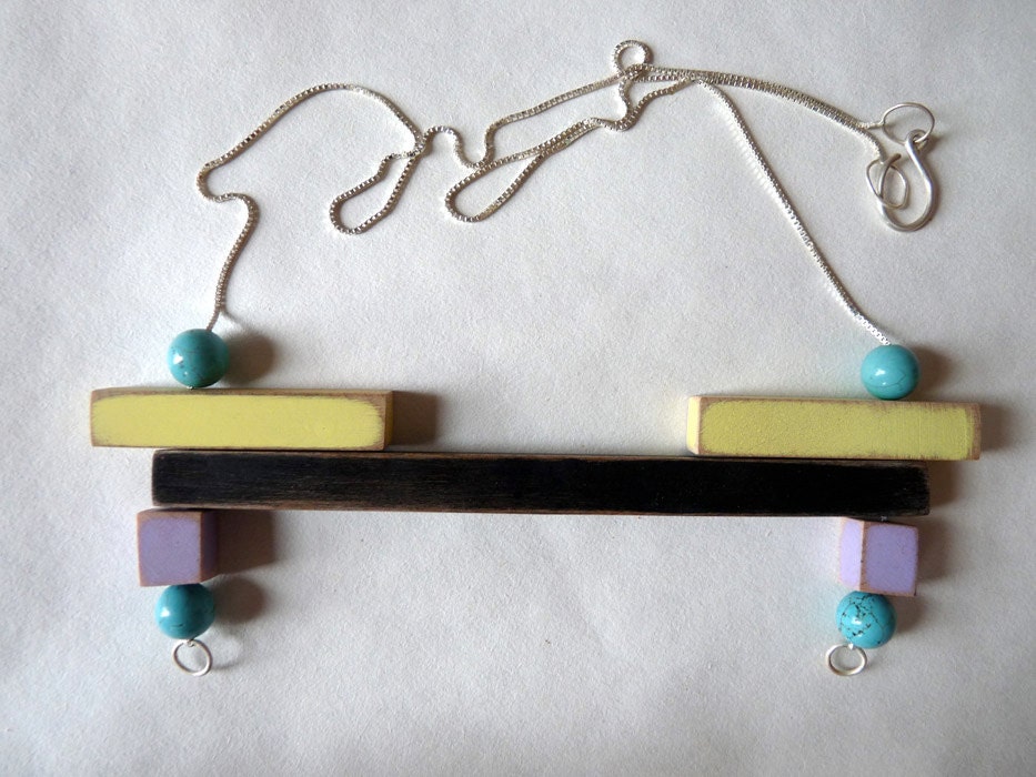 Wooden bar necklace with handmade beads