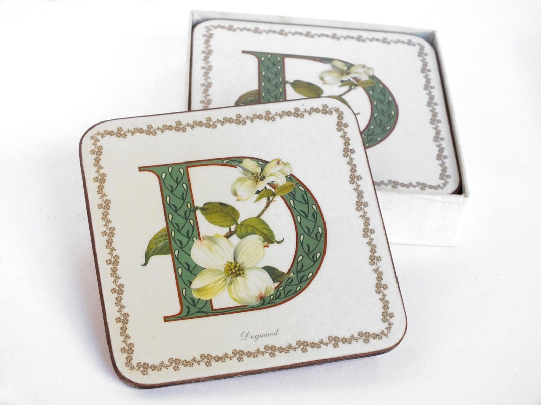 Set of 6 Vintage Eighties Floral English Pimpernel Coasters/ Shabby Chic Houseware Coaster/Initial D Square Coaster