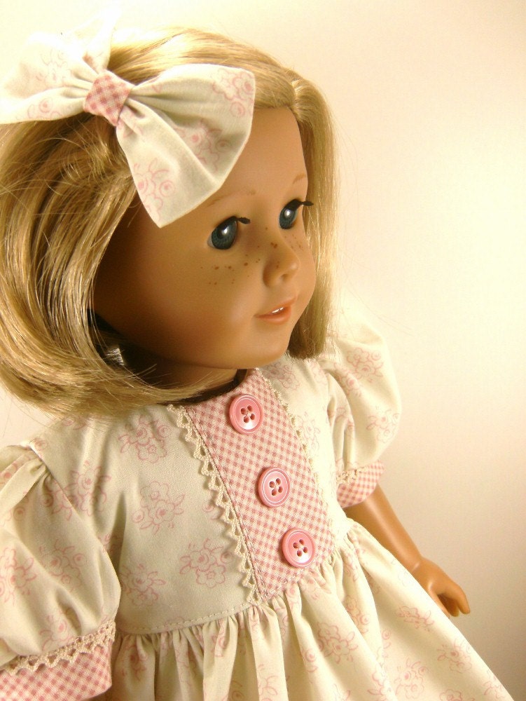 American Girl Doll 18 Inch Dolls Short Sleeved Mint Green and Pink Dress Matching Hair Bow