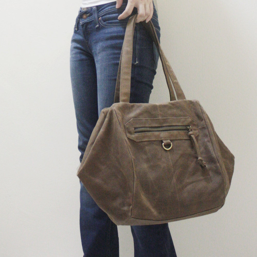 MAY Sale - Brown Waxed Canvas Women Double Straps Shoulder Bag, Tote, Everyday Purse, Handbag - HEXI