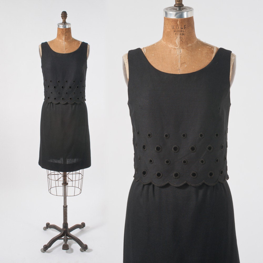 Vintage 1960s Black Linen Dress Embroidered LBD Sleeveless Lanz Pencil Skirt