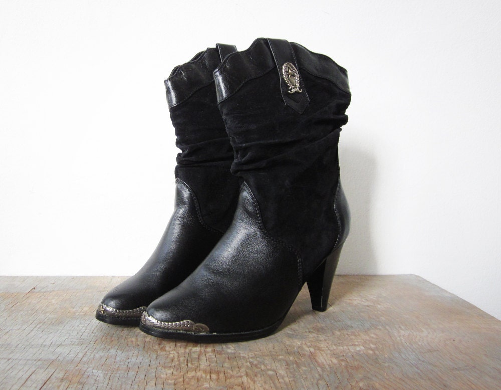 SALE black leather boots / vintage black slouchy boots / black suede high heel biker boots / size 7.5 boots