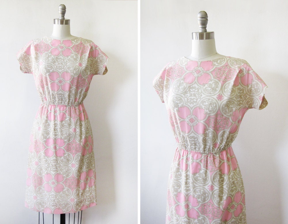 1960s dress / vintage pink and gray floral dress / spring fashion party dress