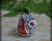 Ocean Jasper Ring with Garnet and Sapphire in Oxidized Sterling Silver and 18ct Gold - Inflorescence Ring in Red