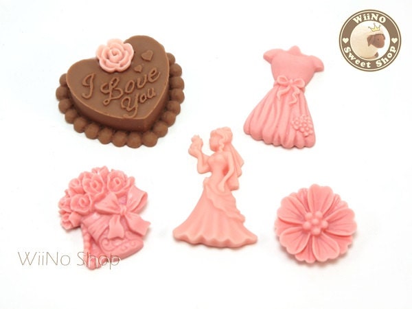 Wedding Bride Flower Bouquet Dress Cake Set Cabochon  - 5 pcs