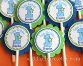 Personalized First Birthday Green and Blue Cupcake Toppers