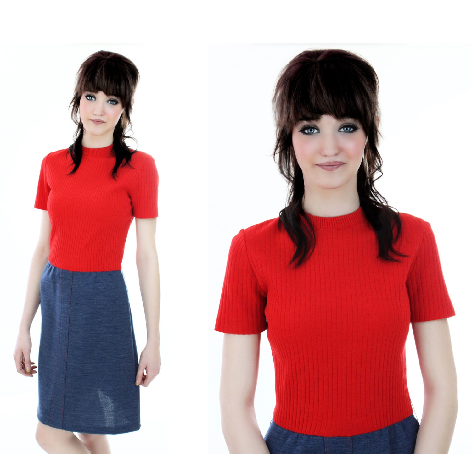 60s Mod Wool Dress Vintage 70s Red Blue Jean Sporty Sixties A-line 1960s 70s 1970s Small S M Medium