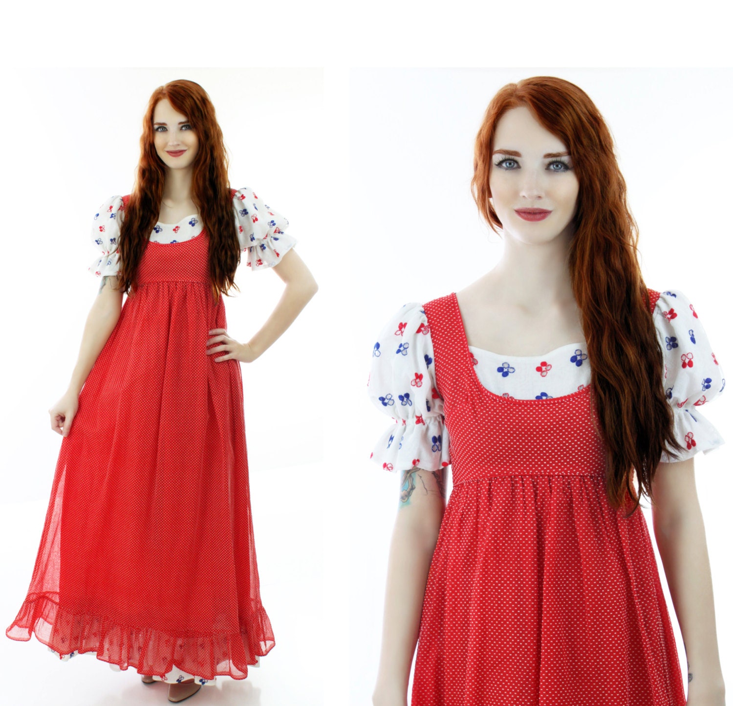 60s Festival Dress Mod Puff Sleeves Ren Faire Empire Waist Embroidered Sheer Hippie Boho Renaissance Prairie Patriotic Small S Medium M