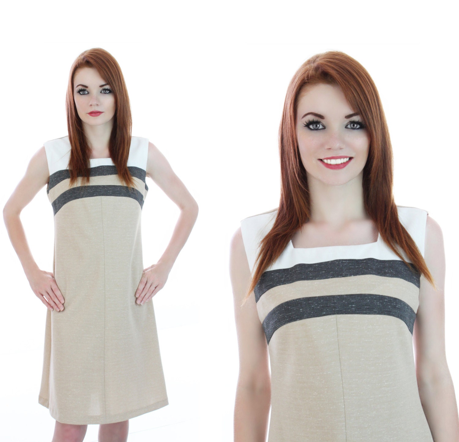 60s Colorblocked Dress Vintage Mod 1960s Tan Green White A-line Shift 1970s 70s Small S Medium M
