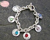 Personalized Hand Stamped Bracelet with Name Discs and Birthstone Charms