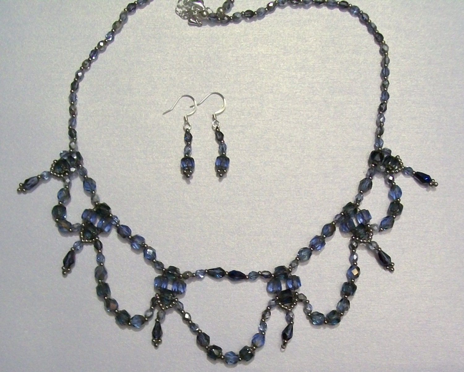 Blue and Silver Beaded Necklace and Earrings Set