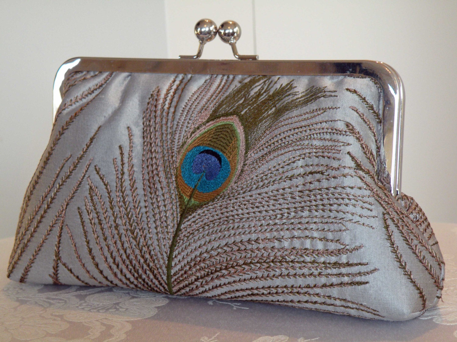 Peacock Feathers Embroidered Silk Clutch/Purse..Silver..Breezy Navy lining..Seafoam and Gold..Bridal/Wedding/Gift/Prom..Free Monogram