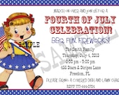 Fourth of July Party Invitation Retro Little Girl with Flag  C-426 Digital Download