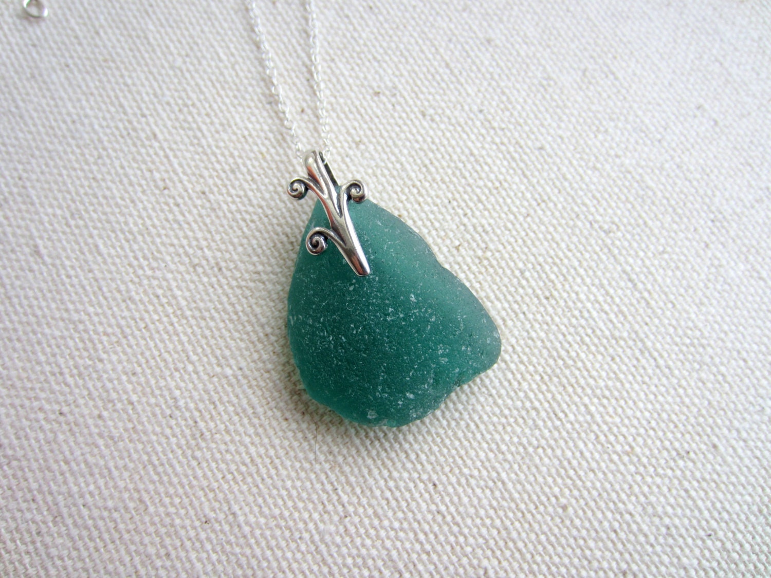 Emerald Isle Sea Glass Necklace Sterling Silver, Deep Teal Green Spanish Seaglass on Bail