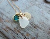 Initial Jewelry 14k Gold Filled Personalized Sea Glass Initial Necklace Simple Monogram Single Charm Rustic with Birthstone