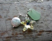 Swarovski Crystal AB Starfish Necklace, Creamy White Coin Pearl, and Seafoam Sea Glass from Puerto Rico Sterling Silver Beach Necklace